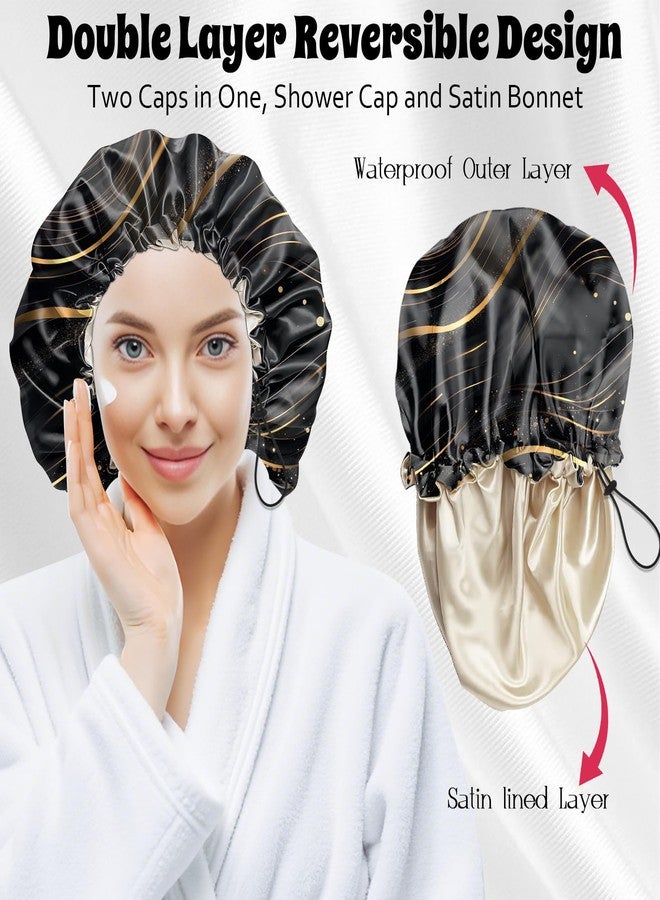 BHAHB Luxury Shower Cap Satin Lined Reusable Waterproof Double Layer Elastic Adjustable Hair Bath Cap Cute Aesthetic Women Girls-Black Marble - Image 4